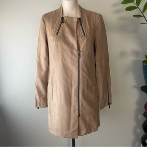 J Brand Asymmetrical Zippered Coat Long Jacket Tan Women’s Size 6 Small